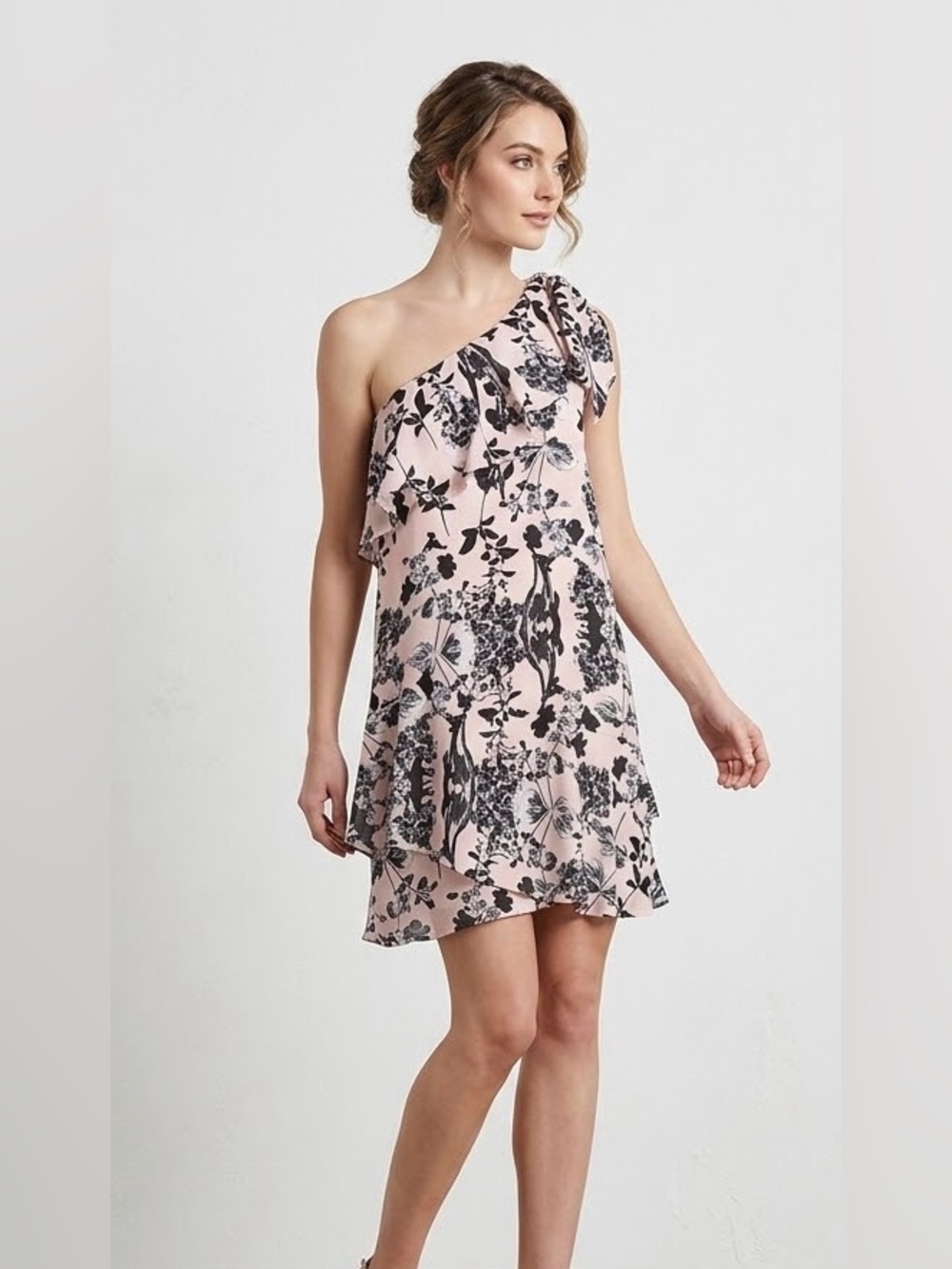 NWT Parker One-Shoulder Pink Floral Ruffle Dress Small